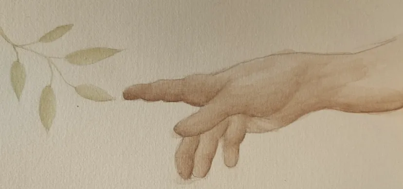 Aquarelle illustrant le Livre « À toutes ces inconnues » du recueil « Lueurs Révélées », l'on y voit une main rentrant en contact avec l'éphémérité de cette vie.